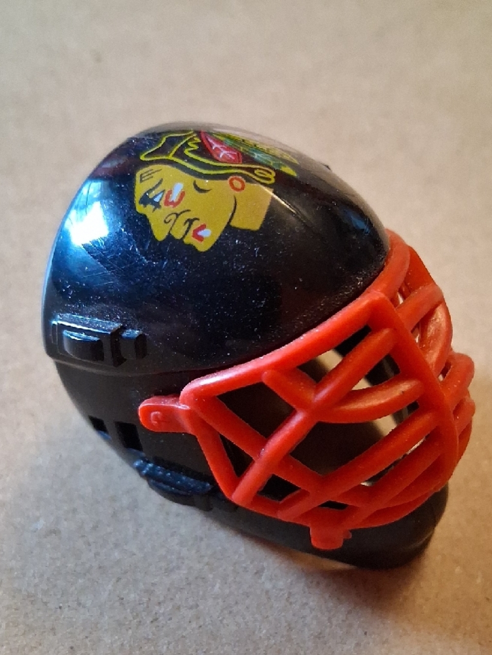 Black and Red Kids Mini Hockey Helmet Toy with Blackhawks Team Logo